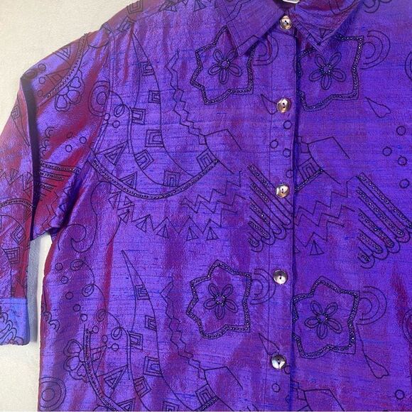 Bleu Bayou 100% Silk Beaded And Embroidered Purple Button Front Top Size XL - Picture 7 of 13